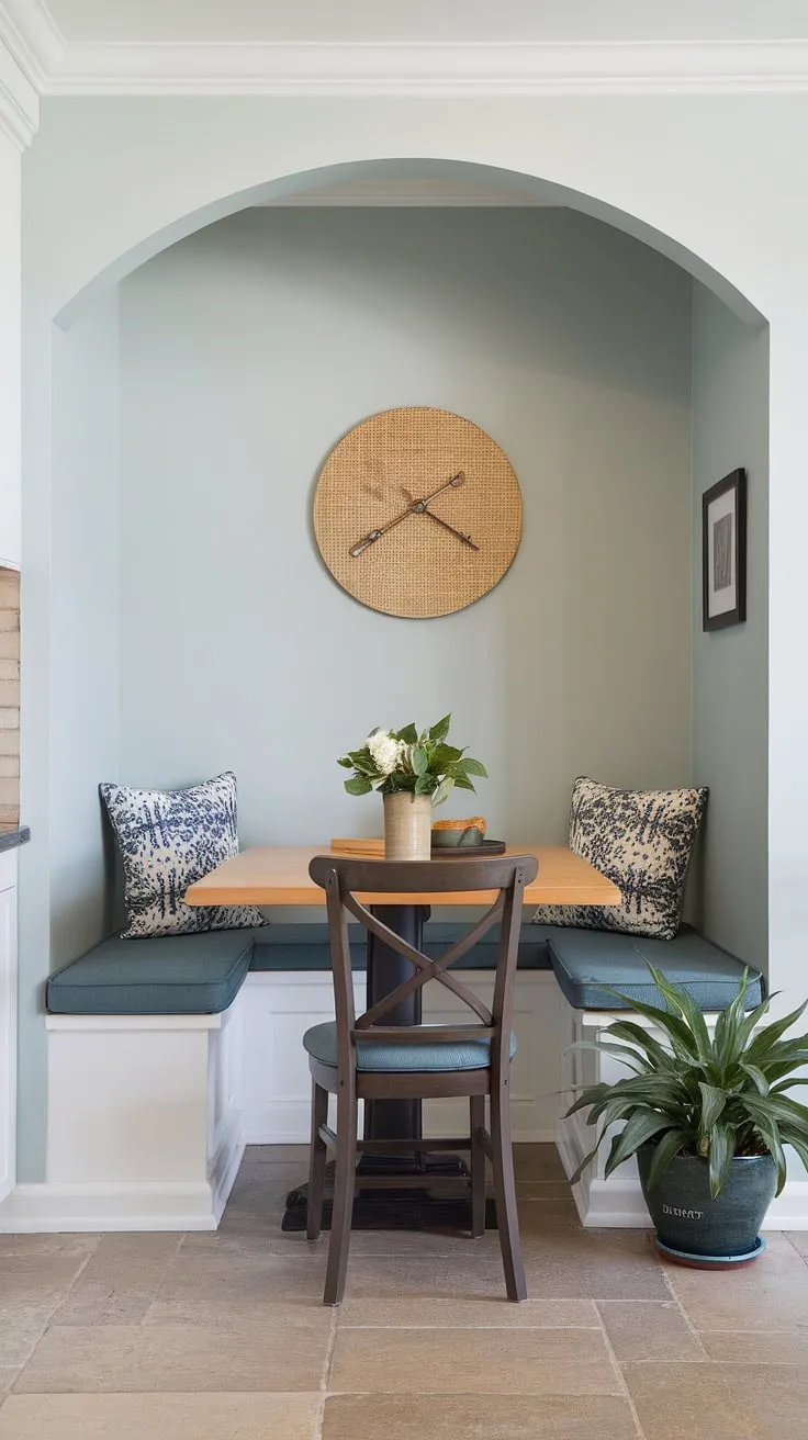 This small dining nook is the epitome of efficient design.  The built-in bench seating kitchen solution cleverly utilizes a small kitchen booth seating arrangement in a corner, creating a welcoming small kitchen booth ideas space.  Perfect for a breakfast nook small space, this tiny kitchen dining area showcases how a kitchen table nook with bench can transform a small kitchen.  Consider this your inspiration for diy small breakfast nook projects and tiny kitchen table ideas.