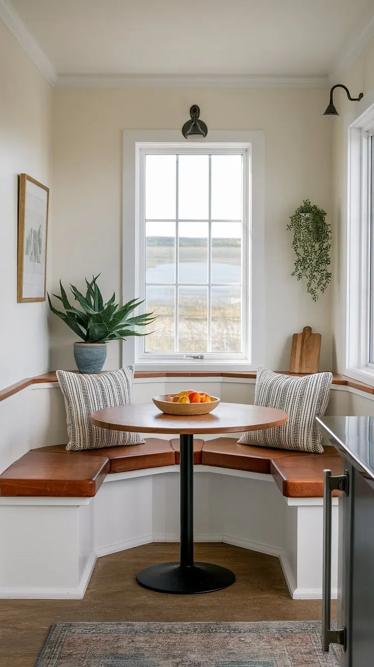 Maximize your space with this ingenious small kitchen booth seating solution!  This built-in bench seating kitchen design creates a delightful small dining nook in a small corner.  The window's serene view enhances the charm of this tiny kitchen dining area, making it the perfect spot for a quiet breakfast.  Explore small kitchen booth ideas and tiny kitchen table ideas to create your own DIY small breakfast nook in a breakfast nook small space.