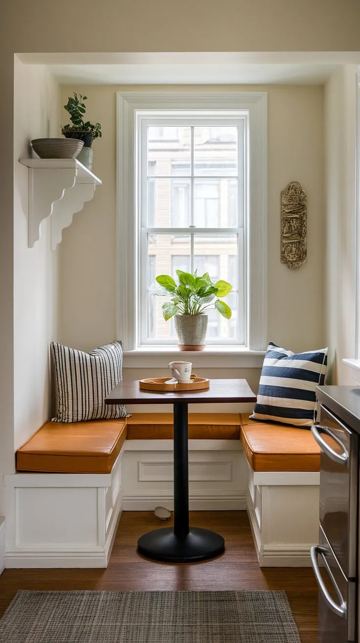 This small corner transforms into a delightful breakfast nook small space!  The built-in bench seating kitchen design is a brilliant small kitchen booth ideas solution, maximizing space in this tiny kitchen dining area.  This kitchen table nook with bench is a perfect example of how to create a cozy and functional small dining nook, even with limited square footage.  Consider this inspiration for your own diy small breakfast nook and tiny kitchen table ideas.