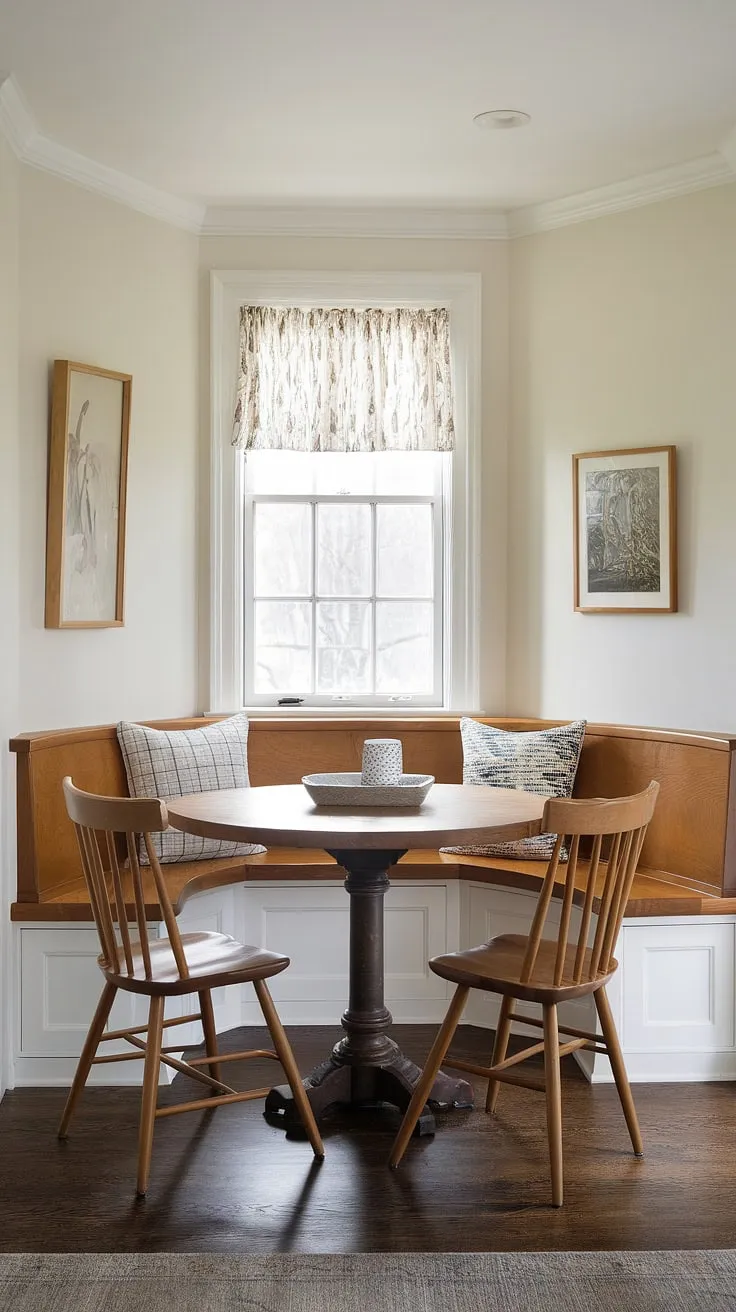 Maximize your space with this charming small kitchen nook.  Built-in bench seating provides ample storage and creates a cozy atmosphere perfect for breakfast or intimate dinners. This small dining nook showcases clever small kitchen booth ideas, transforming a tiny kitchen dining area into a delightful spot.  Consider this a DIY small breakfast nook inspiration for your own small corner.  The kitchen table nook with bench is a space-saving marvel, offering tiny kitchen table ideas for even the smallest kitchens.