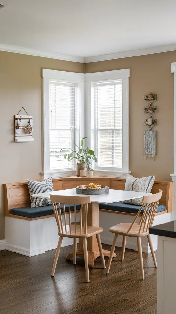 This breakfast nook small space solution proves that even the tiniest kitchen can accommodate a delightful dining area.  The built-in bench seating in this small kitchen booth maximizes space and comfort, while the white kitchen table adds brightness.  Explore small kitchen booth ideas and tiny kitchen table ideas for your own DIY small breakfast nook. This small corner is transformed into a functional and inviting kitchen nook, a perfect example of small dining nook design and small kitchen booth seating.