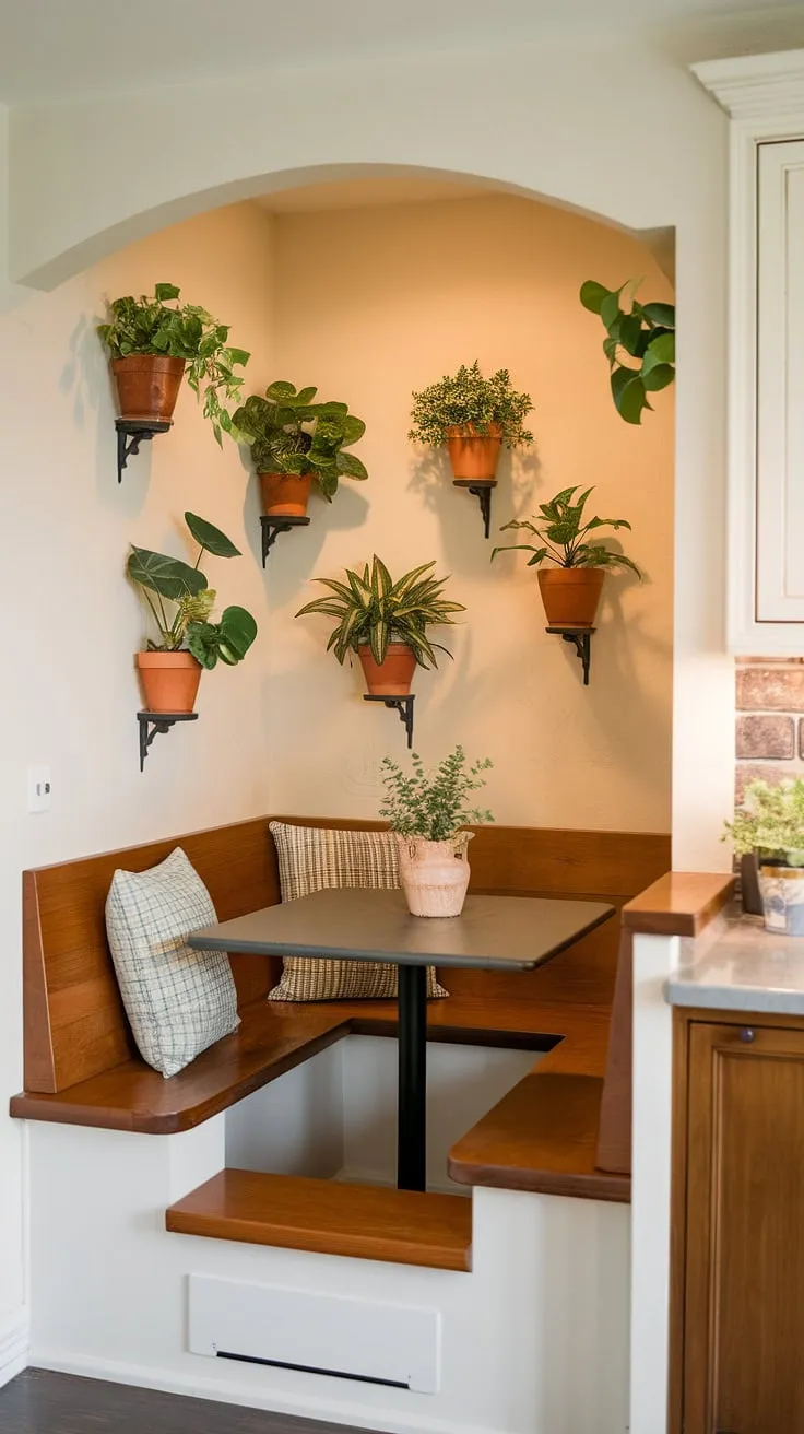 Maximize your space with this ingenious small kitchen booth seating arrangement.  This small corner is cleverly designed as a breakfast nook small space, featuring built-in bench seating in a small kitchen booth.  The result? A warm and inviting tiny kitchen dining area, perfect for intimate meals.  Get inspired by this small dining nook and explore your own DIY small breakfast nook and tiny kitchen table ideas for a kitchen table nook with bench that's both functional and stylish.