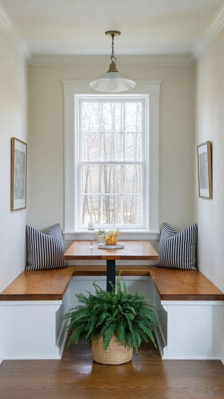 Escape to your own private sanctuary in this charming small corner, a tiny kitchen dining area perfectly formed.  Built-in bench seating maximizes space, creating the ideal small kitchen booth seating for cozy meals and quiet mornings. This small dining nook, a DIY small breakfast nook dream, showcases clever small kitchen booth ideas and tiny kitchen table ideas, proving that even a breakfast nook small space can be brimming with character and comfort.  The kitchen table nook with bench offers the perfect spot to enjoy the view.