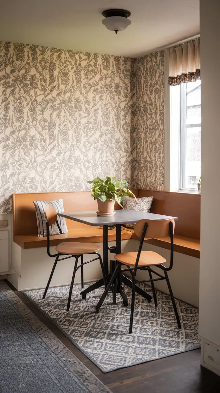 This tiny kitchen dining area proves that even the smallest space can be a haven.  Small kitchen booth seating provides ample comfort in this kitchen nook, while the floral wallpaper and patterned rug add personality.  My kitchen table nook with bench is the perfect example of small kitchen booth ideas and tiny kitchen table ideas for maximizing a small corner.  Built-in bench seating kitchen solutions are a game-changer for breakfast nook small space designs.