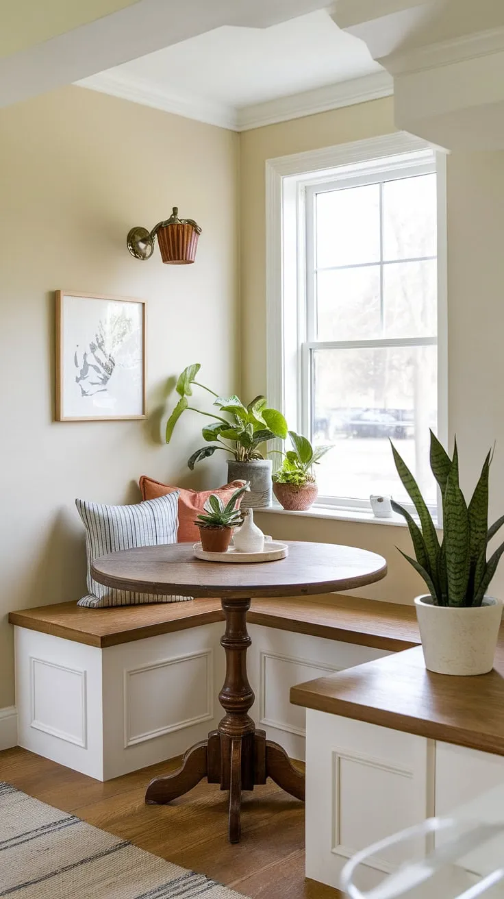 Cozy and efficient, this small corner transforms into a charming small dining nook with built-in bench seating.  Perfect for a quick breakfast or intimate dinner, this kitchen nook showcases clever small kitchen booth ideas and proves that even a tiny kitchen dining area can be stylish and functional.  Consider this your inspiration for a DIY small breakfast nook or a kitchen table nook with bench—a space-saving marvel featuring tiny kitchen table ideas.