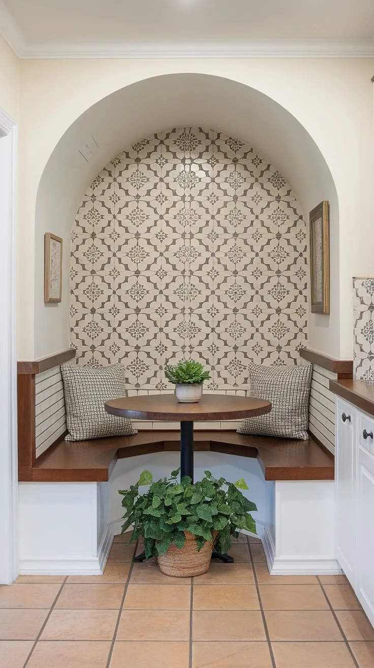 Maximize your small kitchen's potential with this ingenious small kitchen booth seating arrangement. This built-in bench seating kitchen solution creates a surprisingly spacious small dining nook, perfect for intimate meals.  The round table and tiny kitchen table ideas make the most of this tiny kitchen dining area, while the potted plant adds a touch of nature to this delightful kitchen nook.  Consider this your inspiration for small kitchen booth ideas and a diy small breakfast nook.