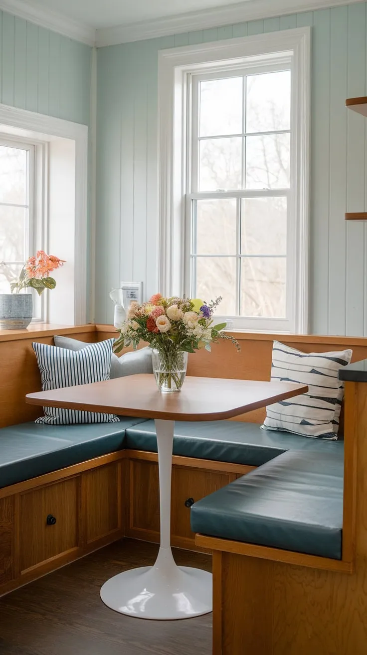 Transform your tiny kitchen dining area into a delightful retreat with this small kitchen booth seating arrangement.  This kitchen table nook with bench showcases clever small dining nook design and tiny kitchen table ideas, proving that a built-in bench seating kitchen can be both functional and beautiful.  Small kitchen booth ideas don't get much better than this cozy, light-filled space.