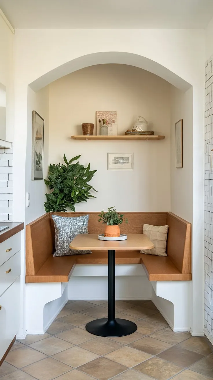 Maximize your space with this charming kitchen nook.  This small corner boasts built-in bench seating, perfect for a cozy breakfast or intimate dinner.  Small kitchen booth ideas like this offer a surprising amount of seating in a tiny kitchen dining area.  Consider this DIY small breakfast nook for your own small kitchen booth seating needs; it's the ultimate kitchen table nook with bench, proving that even a tiny kitchen table ideas can be stylish and functional.