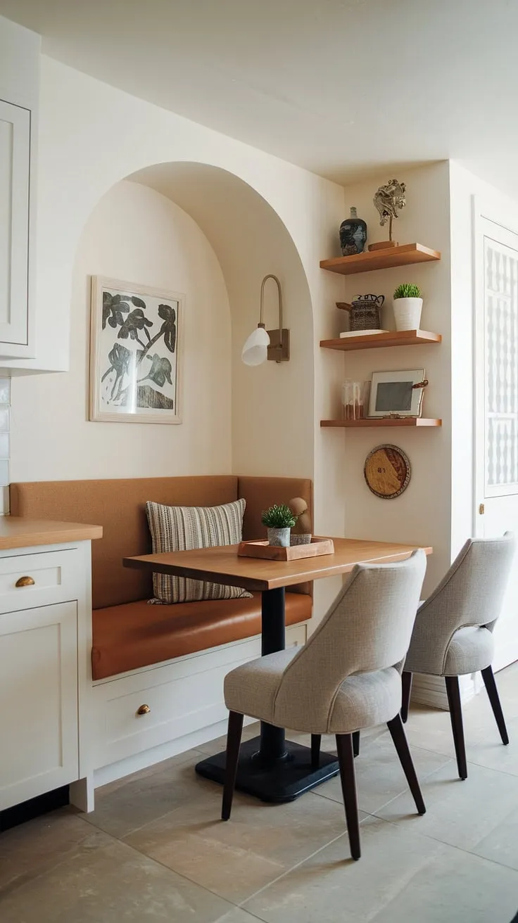 Maximize your space with this charming built-in bench seating kitchen.  This small corner transforms into a cozy small dining nook, perfect for intimate meals.  Small kitchen booth ideas like this offer efficient seating and storage, proving that even a tiny kitchen dining area can be stylish and functional.  Consider this a diy small breakfast nook inspiration – a kitchen table nook with bench that's big on charm, small on footprint.  This small kitchen booth seating solution showcases clever tiny kitchen table ideas for breakfast nook small space living.