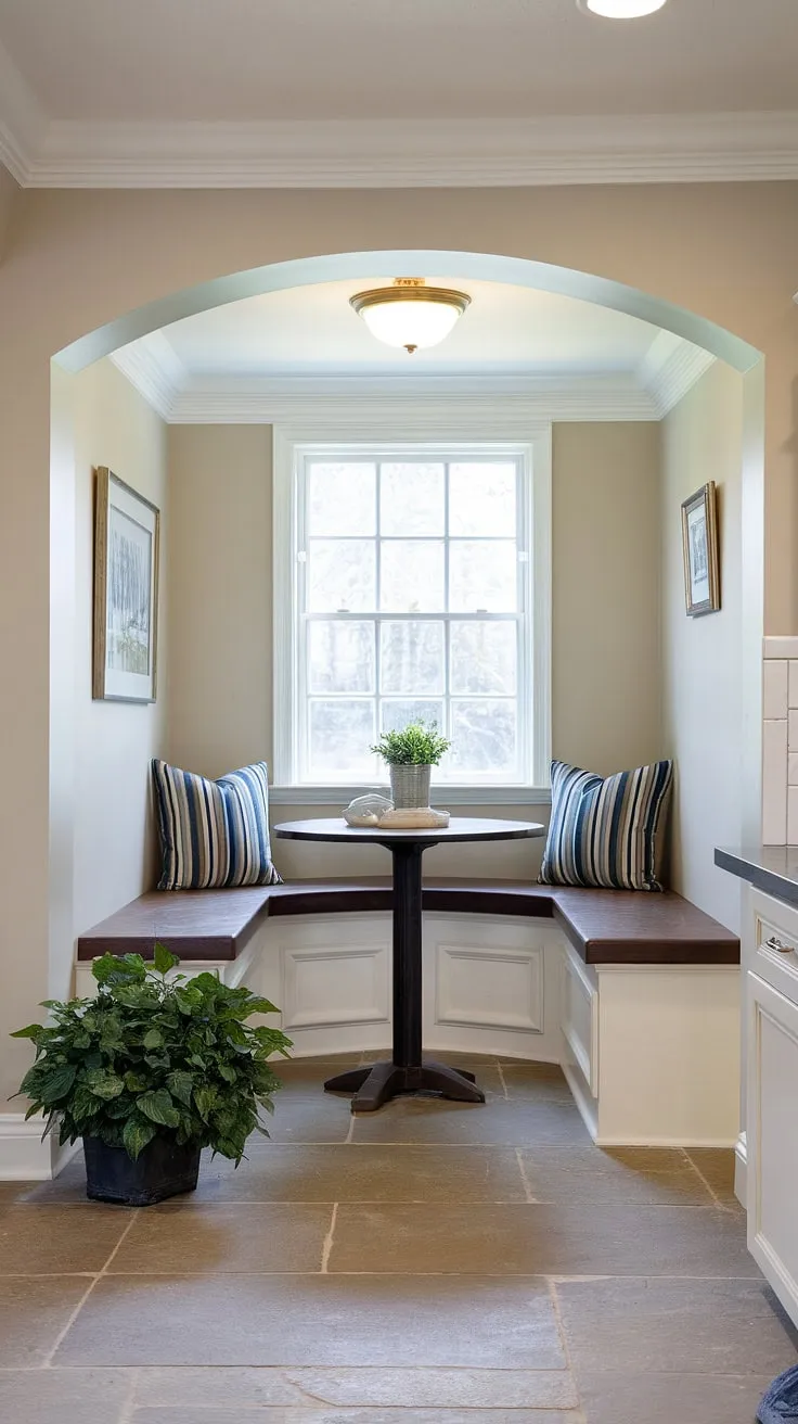 Maximize your space with this charming kitchen nook!  Built-in bench seating cleverly utilizes every inch of this small corner, creating a delightful small dining nook perfect for intimate meals.  This small kitchen booth seating solution offers big style in a tiny kitchen dining area, showcasing brilliant small kitchen booth ideas.  Consider this a DIY small breakfast nook inspiration for your own small kitchen table ideas, transforming a breakfast nook small space into a cozy and functional area.  A kitchen table nook with bench doesn't have to be a compromise; it can be a beautiful addition.