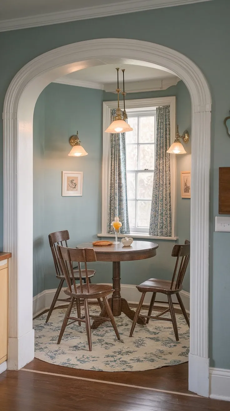 Step back in time with this charming vintage breakfast nook.  The narrow breakfast nook table and cozy breakfast nook seating create the perfect spot for morning coffee and quiet conversations. This delightful kitchen nook, complete with a nook corner table and floral rug, offers endless kitchen nook ideas for your own space.  This dining nook is a testament to the enduring appeal of a well-designed breakfast nook area.