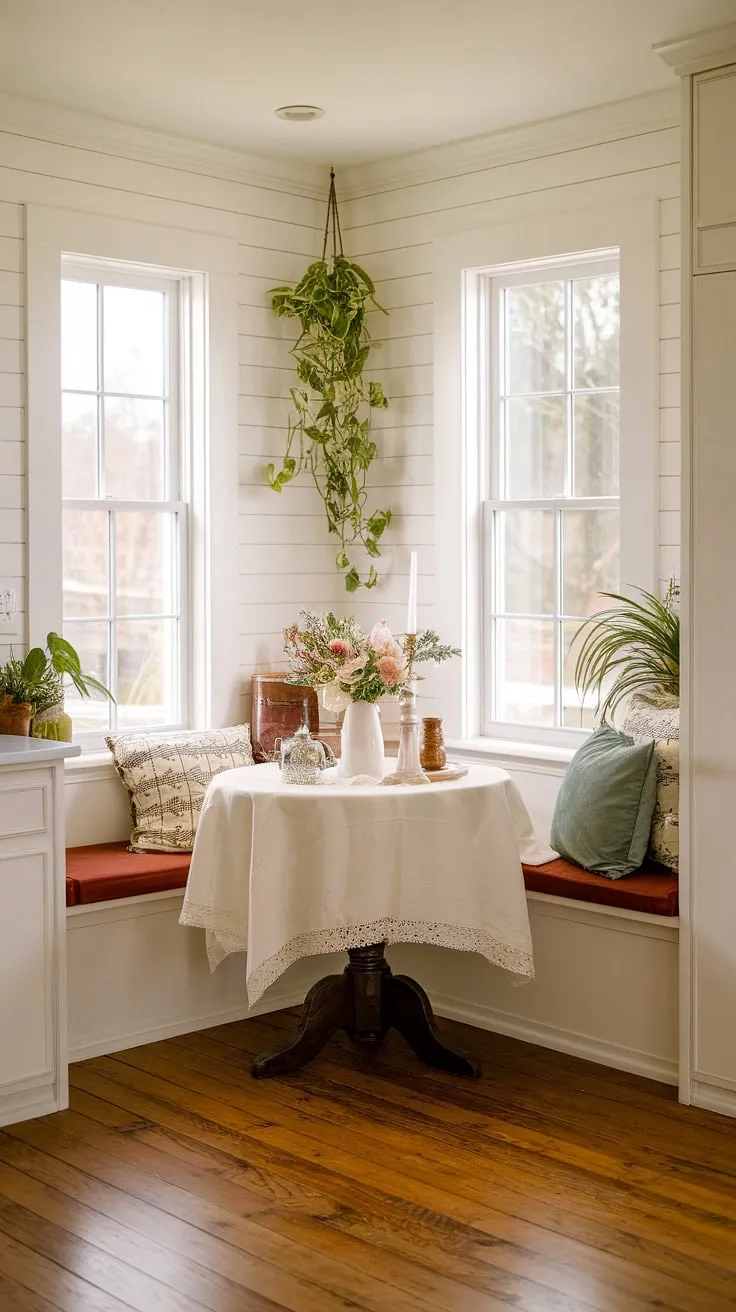 Sunlight streams into this charming vintage breakfast nook, illuminating the narrow breakfast nook seating and the perfectly styled nook corner table.  This cozy kitchen nook, complete with a white tablecloth, fresh flowers, and a flickering candle, offers the perfect spot for a quiet breakfast or intimate dinner.  Plenty of kitchen nook ideas are on display in this delightful dining nook.