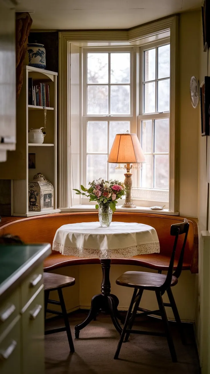 Step back in time with this charming vintage breakfast nook.  The narrow breakfast nook, complete with a nook corner table and cozy breakfast nook seating, offers the perfect spot for morning coffee and quiet contemplation. This delightful dining nook provides ample kitchen nook ideas for creating a warm and inviting breakfast nook area in your own home.
