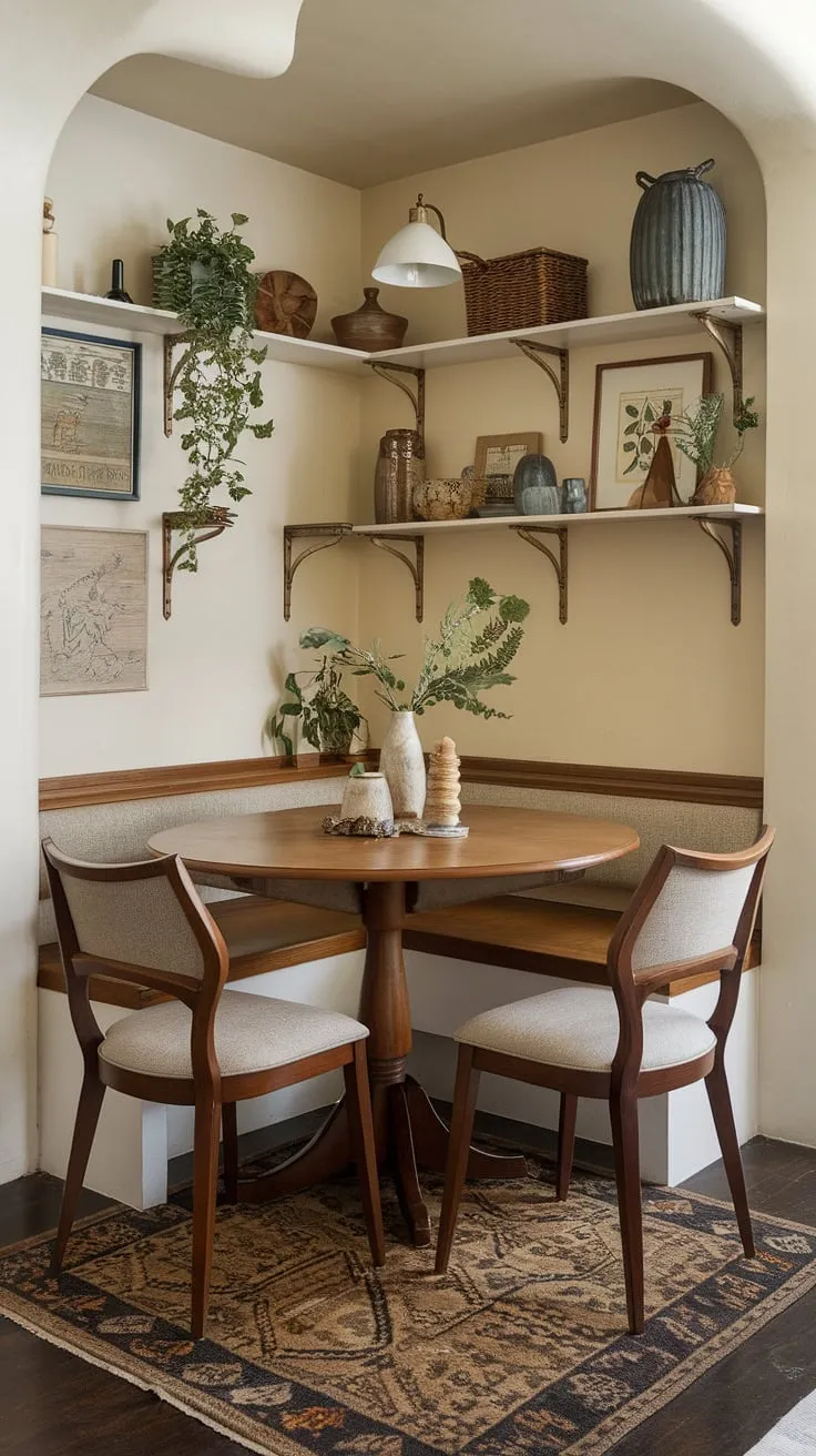 This delightful vintage breakfast nook is the epitome of cozy charm.  The narrow breakfast nook features a perfectly sized nook corner table and inviting breakfast nook seating, ideal for a quiet breakfast or a friendly chat.  This kitchen nook showcases clever kitchen nook ideas, maximizing space and style in a small area.  The patterned rug anchors the breakfast nook area, creating a welcoming dining nook within the kitchen.