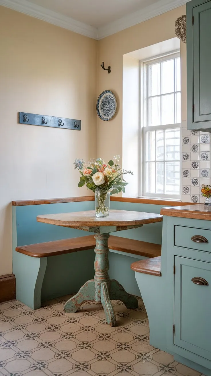 Step back in time with this charming vintage breakfast nook.  The narrow breakfast nook, complete with a distressed nook corner table and cozy breakfast nook seating, offers the perfect spot for morning coffee and quiet contemplation. This kitchen nook, a delightful example of kitchen nook ideas, transforms a small space into a welcoming dining nook.