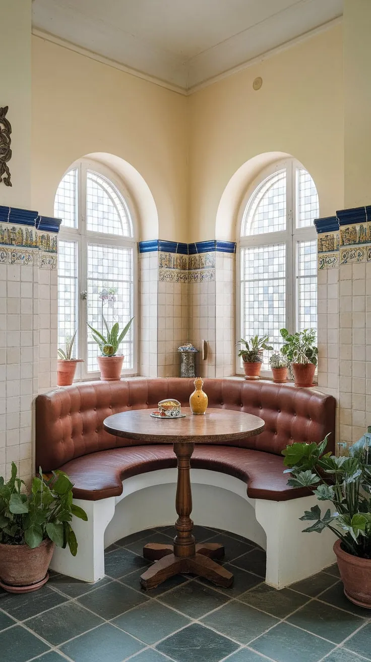 Imagine cozy mornings spent in this delightful vintage breakfast nook. The curved breakfast nook area and narrow breakfast nook seating offer a surprisingly spacious feel. The nook corner table provides the perfect spot for a quiet breakfast or a cup of tea. This charming dining nook is a testament to the beauty of simple design and is full of inspiring kitchen nook ideas for your own home.