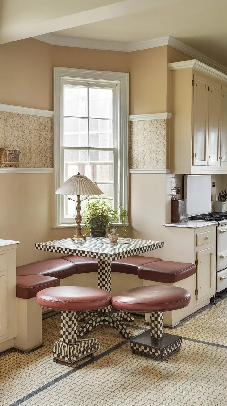 Step back in time with this charming vintage breakfast nook.  The narrow breakfast nook, complete with a checkered nook corner table and cozy breakfast nook seating, offers the perfect spot for morning coffee and quiet contemplation. This kitchen nook, brimming with kitchen nook ideas, transforms a small space into a delightful dining nook and breakfast nook area.