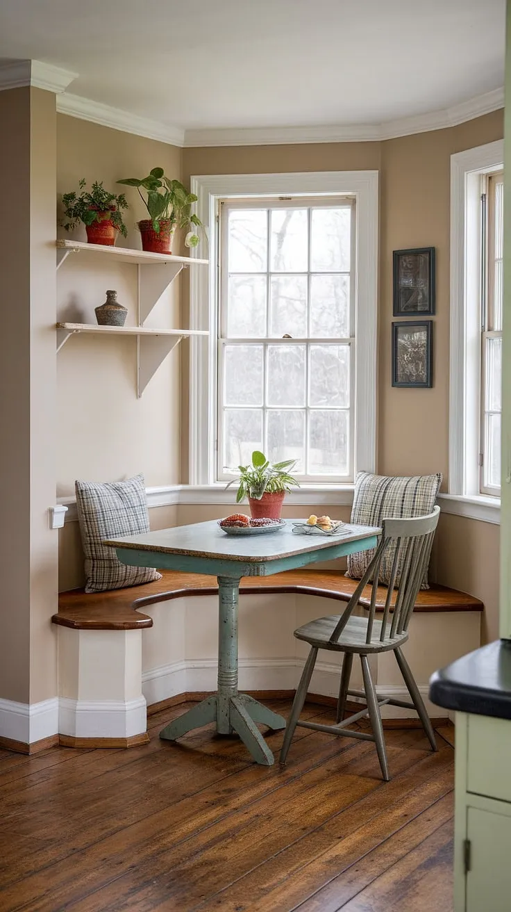 Sunlight streams into this charming vintage breakfast nook, perfectly showcasing the distressed nook breakfast table and spindle-back breakfast nook seating.  This narrow breakfast nook, a delightful kitchen nook area, offers a cozy spot for morning coffee.  Plenty of kitchen nook ideas are evident in this space, from the nook corner table to the potted plants adding a touch of life.  The perfect dining nook for intimate meals.