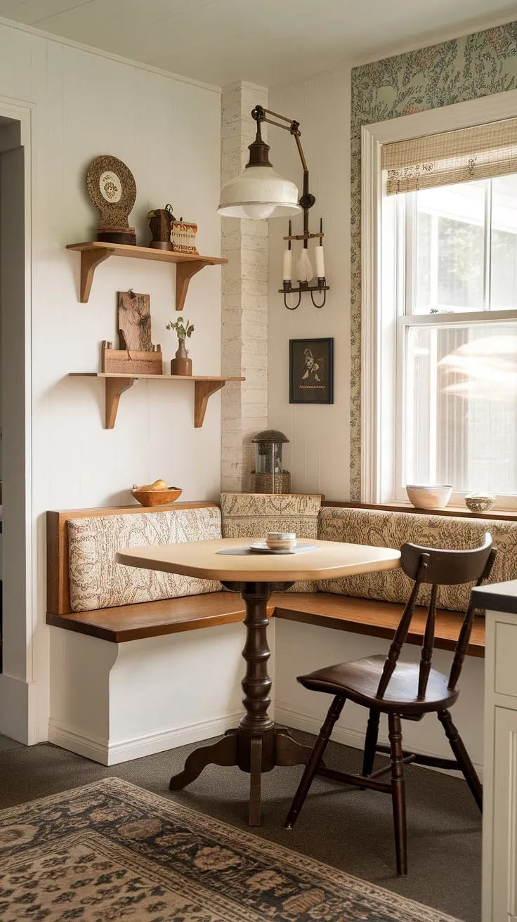 This delightful kitchen nook, complete with a nook breakfast table and breakfast nook seating, is the epitome of vintage charm.  The narrow breakfast nook design maximizes space while offering a welcoming dining nook and inspiring kitchen nook ideas.