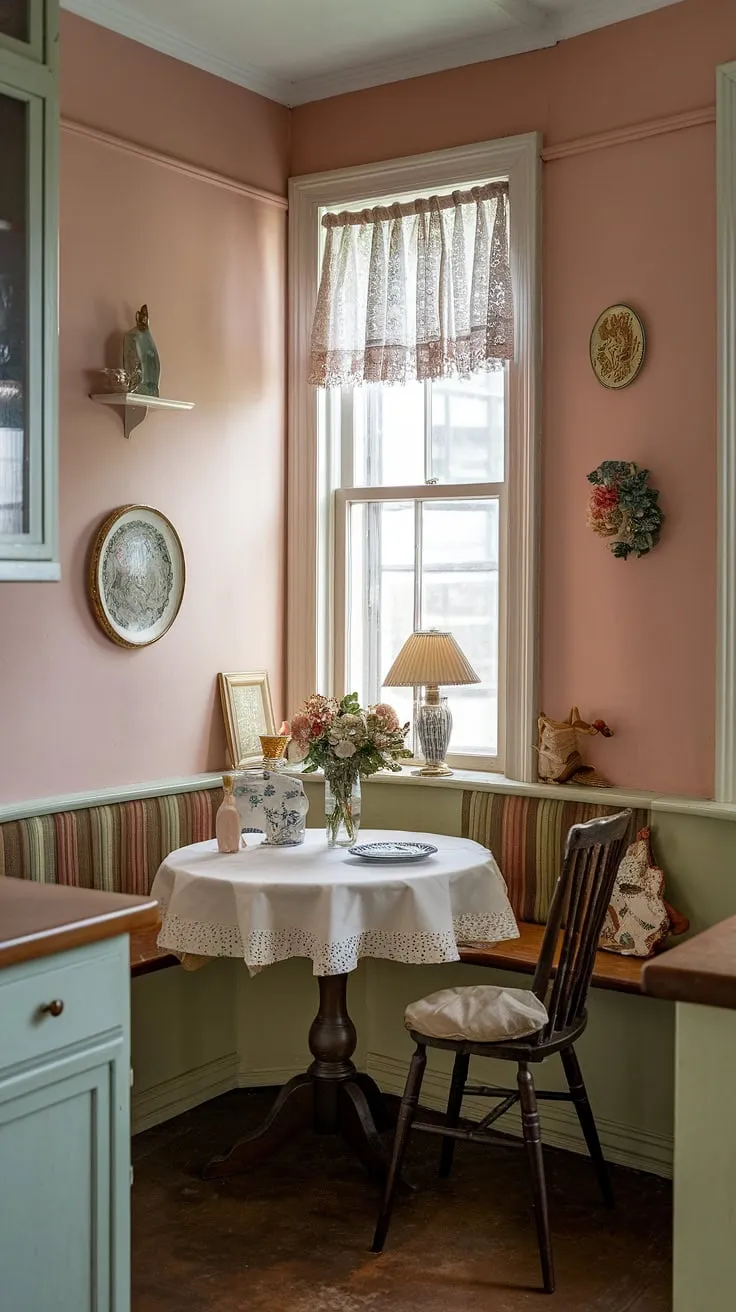 Imagine cozy mornings in this dreamy vintage breakfast nook area.  The narrow breakfast nook, featuring a nook breakfast table draped in white, creates an intimate and inviting space.  This delightful kitchen nook is brimming with character, offering inspiration for your own kitchen nook ideas and showcasing the perfect breakfast nook seating.