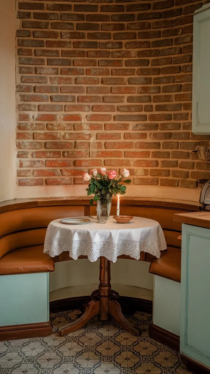 Imagine cozy mornings in this idyllic vintage breakfast nook area.  The narrow breakfast nook features a quaint nook corner table, perfectly sized for two, and dressed with a white tablecloth and a vase of roses. This breakfast nook table is the heart of this charming kitchen nook, offering intimate breakfast nook seating and inspiring kitchen nook ideas for a space that's both stylish and functional. The rustic brick wall and patterned floor add to the timeless appeal of this delightful dining nook.