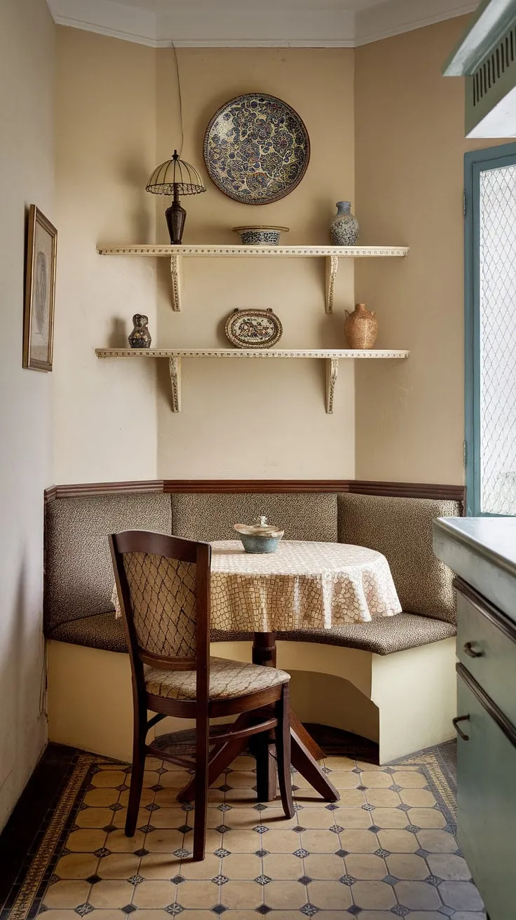 Step back in time with this charming vintage breakfast nook.  The narrow breakfast nook, complete with a nook corner table and cozy breakfast nook seating, offers the perfect spot for intimate meals. This kitchen nook, brimming with kitchen nook ideas, showcases how a small breakfast nook area can be both stylish and functional.  The patterned tablecloth and chairs add to the delightful ambiance of this dining nook.
