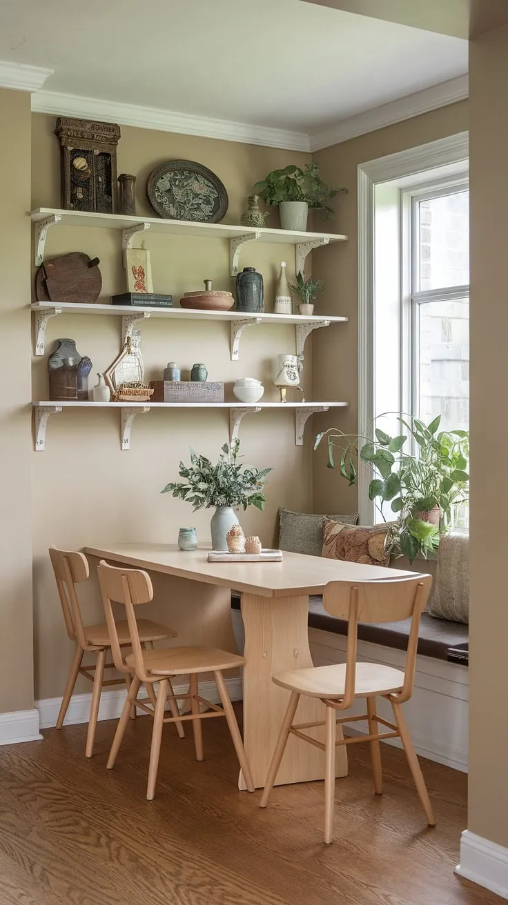 This delightful dining nook showcases the beauty of a vintage breakfast nook. The narrow breakfast nook table and four chairs fit perfectly into this cozy kitchen nook, maximizing space without sacrificing style.  Find inspiration for your own kitchen nook ideas with this charming breakfast nook area and its clever use of a nook corner table and breakfast nook seating.