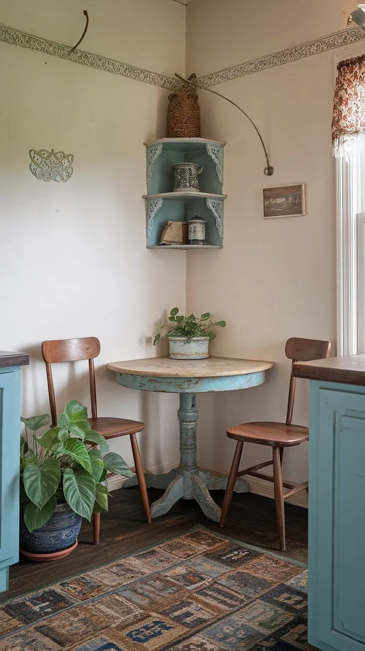 This quaint kitchen nook boasts a narrow breakfast nook, ideal for intimate meals. The vintage breakfast nook's nook corner table and comfortable seating create a cozy atmosphere.  Find inspiration for your own space with these kitchen nook ideas; this breakfast nook area proves that even a small dining nook can be incredibly charming.