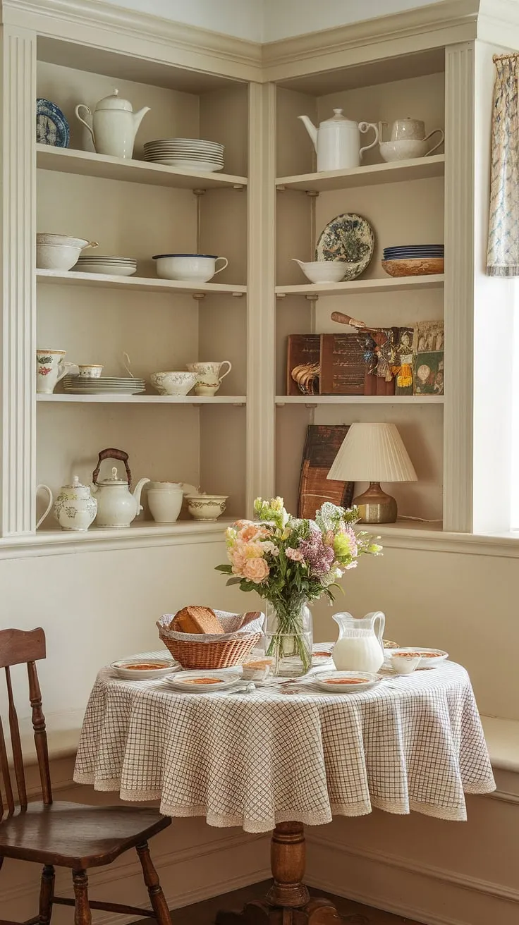 Step back in time with this charming vintage breakfast nook.  The narrow breakfast nook, complete with a checkered nook corner table set for a delightful morning meal, offers cozy breakfast nook seating and inspires countless kitchen nook ideas. This delightful dining nook, a perfect example of a breakfast nook area, showcases the beauty of a well-loved kitchen nook.