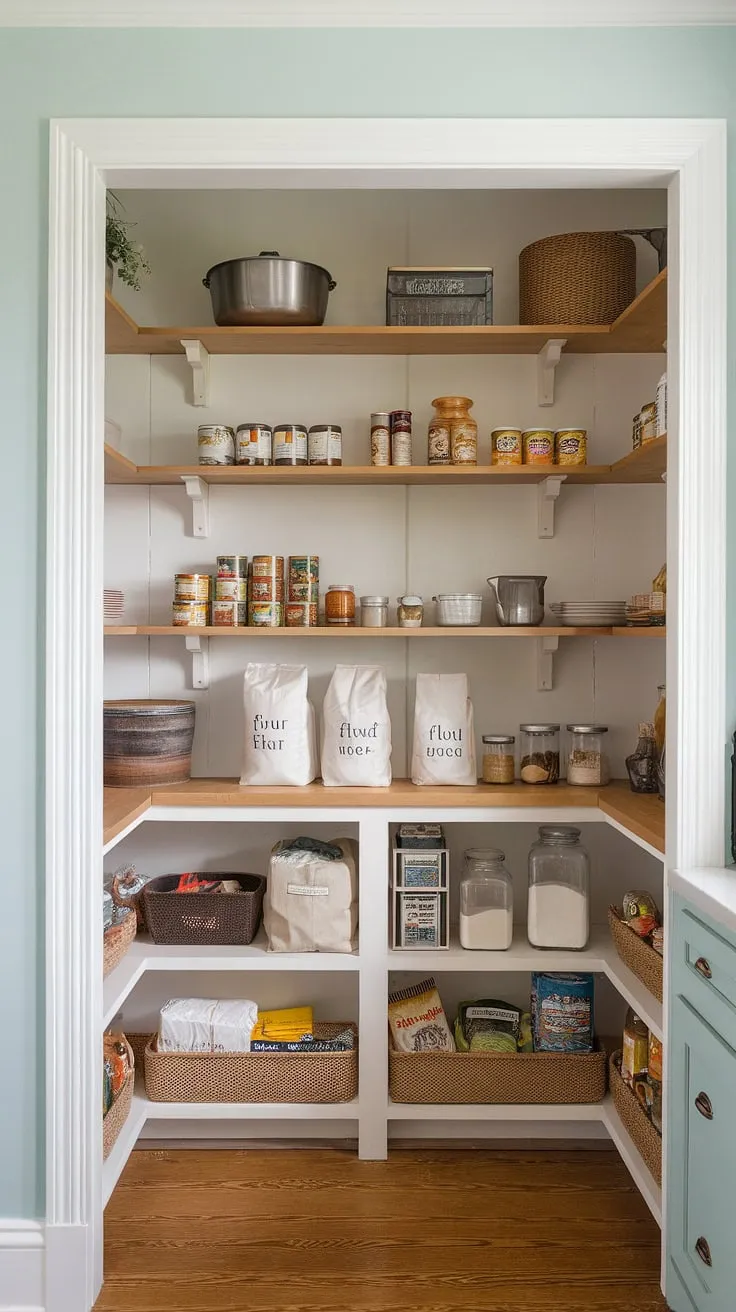 Step into organized bliss with this charming kitchen larder.  The white-painted larder cupboard offers ample kitchen cabinet storage, showcasing clever pantry ideas and a kitchen pantry design that's both practical and aesthetically pleasing. This kitchen pantry is a perfect example of current kitchen trends, offering serious kitchen inspiration for your own space.