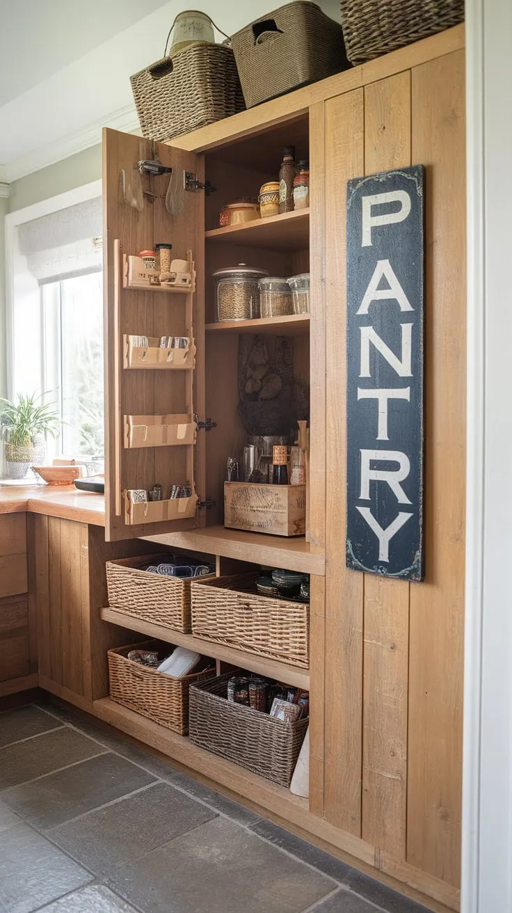 Step into kitchen pantry perfection with this charming larder cupboard.  The rich wood of the kitchen larder, combined with clever kitchen cabinet storage solutions and a touch of vintage charm, offers endless pantry ideas and kitchen inspiration. This kitchen pantry design showcases current kitchen trends while creating a space that's both functional and beautiful.