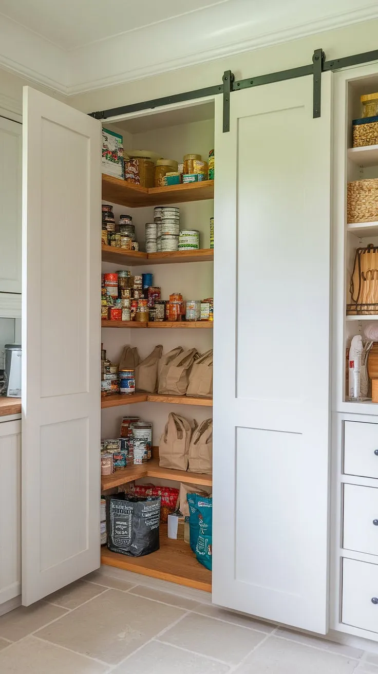 This charming kitchen pantry, featuring a classic larder cupboard, showcases clever kitchen cabinet storage and inspiring pantry design.  The white-painted shelves and tiled floor create a bright and airy space, brimming with pantry ideas for efficient organization. This kitchen pantry design is a perfect blend of practicality and style, reflecting current kitchen trends and offering ample kitchen inspiration.