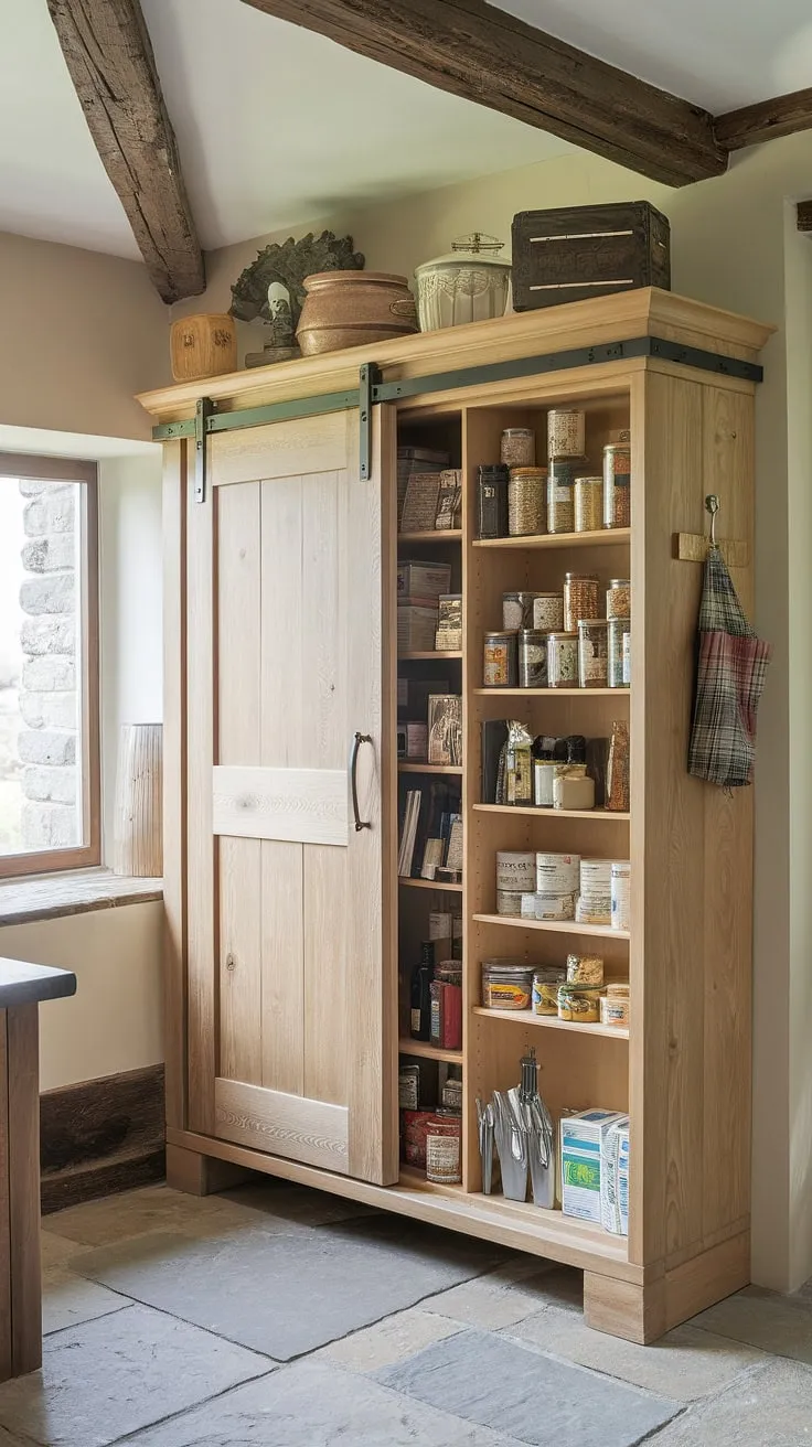 This rustic kitchen's charming larder cupboard, a perfect example of kitchen pantry design, overflows with pantry ideas for efficient kitchen cabinet storage.  The warm wood and clever organization offer serious kitchen inspiration, showcasing current kitchen trends.