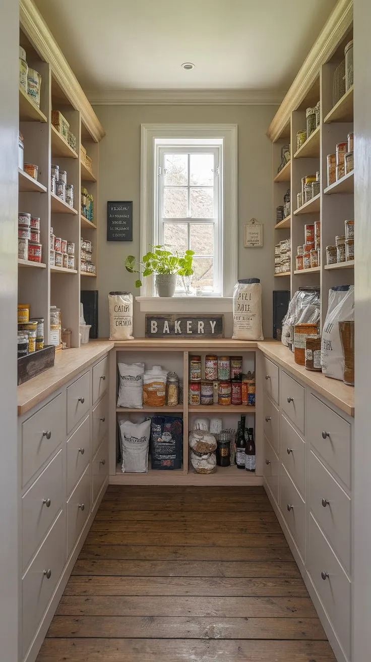 Step into this charming kitchen pantry, a haven of culinary delights.  The larder-style cupboards and clever kitchen cabinet storage maximize space, showcasing a beautiful pantry design brimming with pantry ideas.  Natural light streams in, illuminating jars of preserves and bags of flour, a testament to thoughtful kitchen pantry design and a source of kitchen inspiration reflecting current kitchen trends.