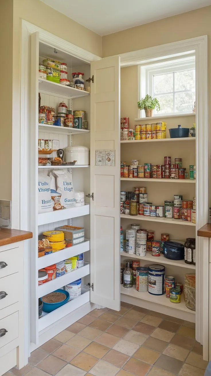 This kitchen pantry is a haven of organization and style. The larder cupboard, a key element of the pantry design, provides abundant kitchen cabinet storage.  From the thoughtful arrangement of canned goods to the clever use of space, this kitchen larder is a masterclass in pantry ideas.  Get inspired by this kitchen pantry design and discover the latest kitchen trends for your own space.