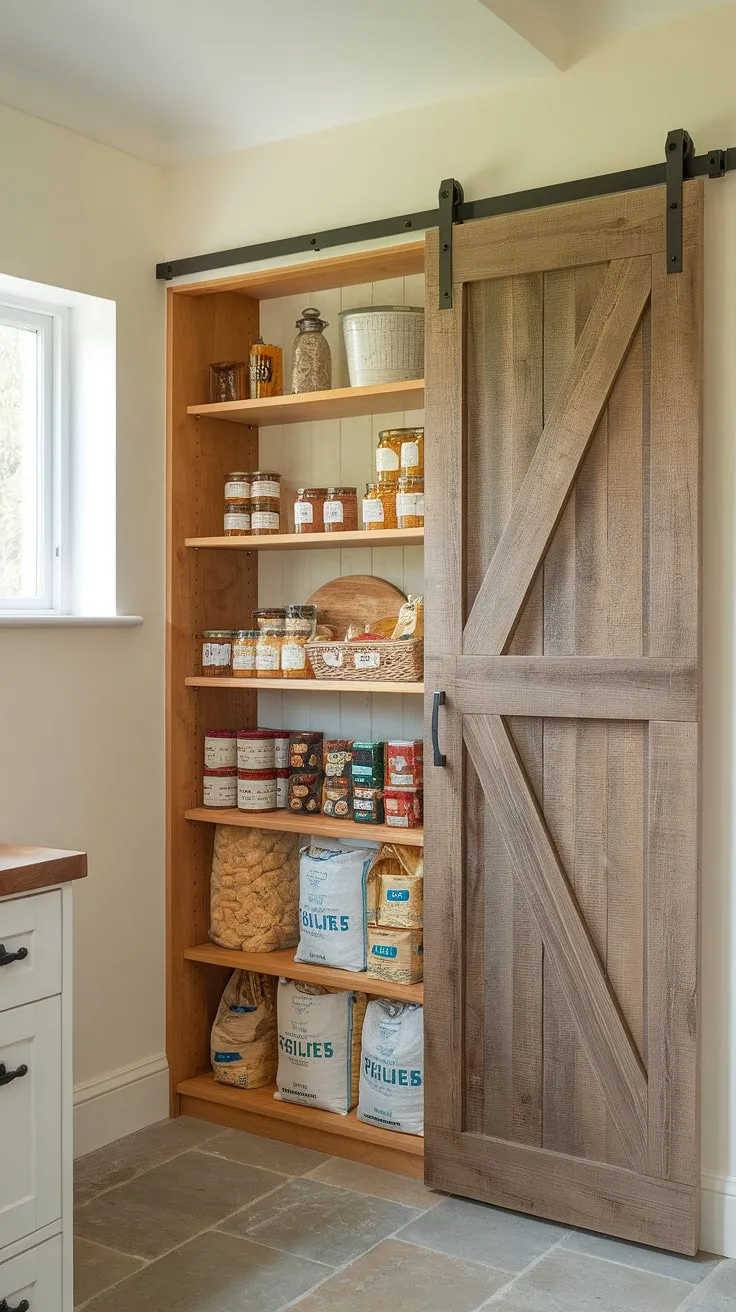 Step into this charming kitchen pantry, where rustic wooden shelves and a sliding barn door reveal a perfectly organized kitchen larder.  The larder cupboard overflows with pantry ideas, showcasing clever kitchen cabinet storage solutions. This kitchen pantry design is brimming with kitchen inspiration, reflecting current kitchen trends.
