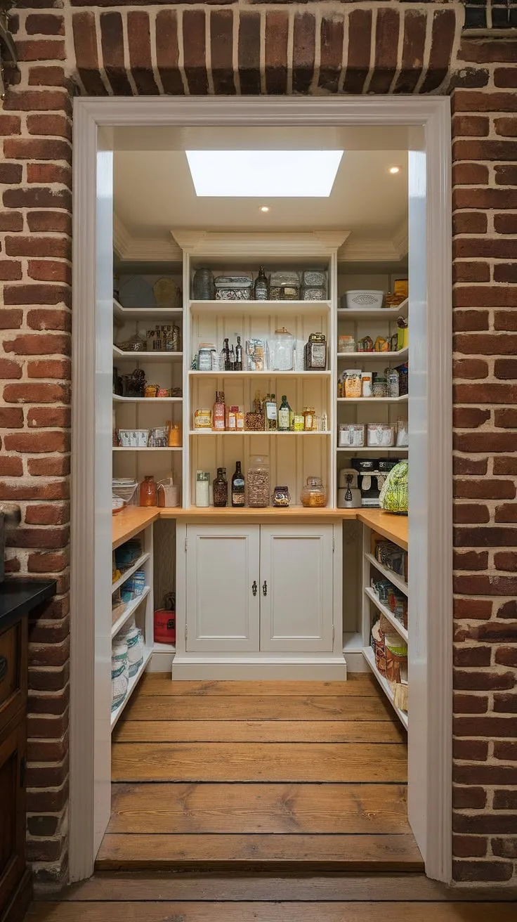 Dreamy kitchen inspiration found in this sun-drenched space.  The exposed brick walls and wooden floor complement the pristine white larder cupboard perfectly.  This kitchen pantry boasts clever kitchen pantry design and abundant kitchen cabinet storage, offering endless pantry ideas and showcasing the best of current kitchen trends.
