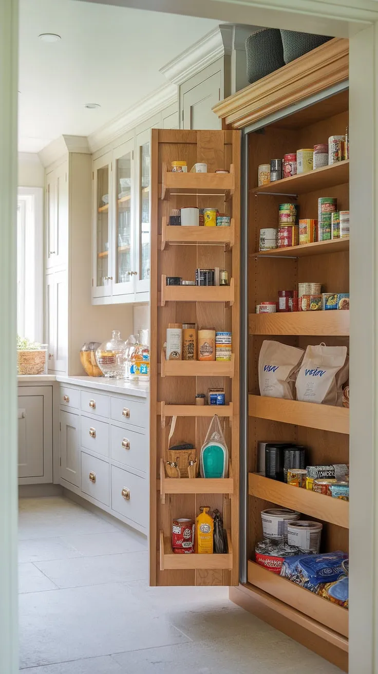 Sunlight streams into this organized kitchen pantry, highlighting the charming wooden larder cupboard.  Clever kitchen cabinet storage solutions and thoughtful pantry design create a space that's both functional and aesthetically pleasing. This kitchen larder is the perfect example of current kitchen trends, offering plenty of pantry ideas for your own kitchen inspiration.
