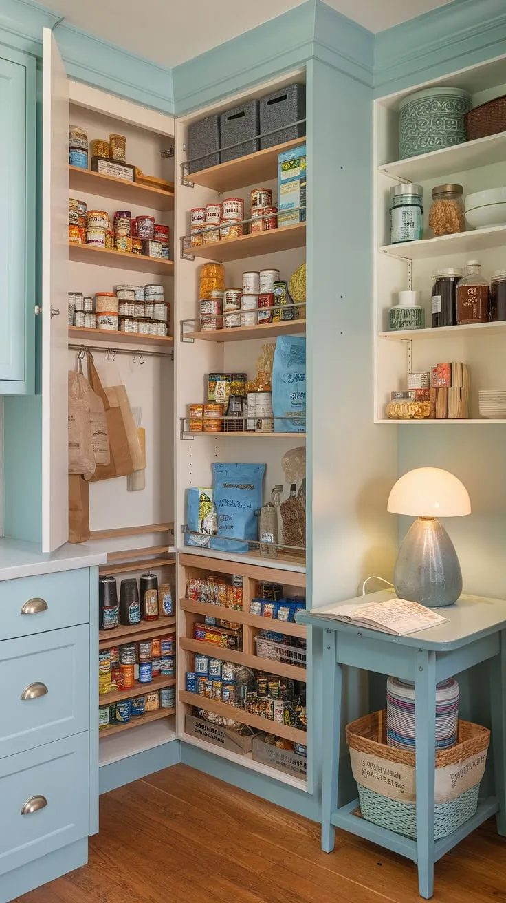 This charming kitchen larder, with its well-stocked larder cupboard, is a masterclass in kitchen pantry design.  From clever pantry ideas to efficient kitchen cabinet storage, every detail speaks to thoughtful planning. The warm lighting and calming blue backdrop provide kitchen inspiration, showcasing a kitchen pantry that's as beautiful as it is functional, perfectly embodying current kitchen trends.