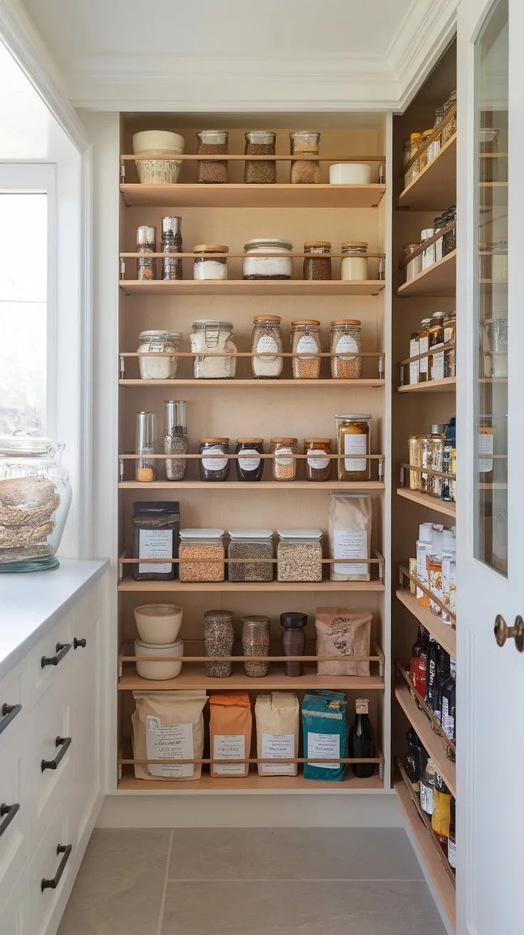 This kitchen pantry design is a dream come true!  The impressive larder cupboard, brimming with neatly arranged preserves, spices, and grains, provides ample kitchen cabinet storage.  Get inspired by these pantry ideas and discover the latest kitchen trends for maximizing space and creating a truly functional and beautiful kitchen pantry.