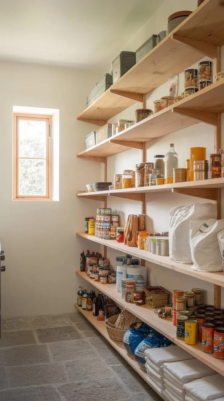 Sunlight streams into this charming kitchen larder, showcasing clever kitchen cabinet storage solutions and inspiring pantry ideas.  The rustic wooden shelves of this kitchen pantry design offer a glimpse into the heart of the home, a testament to thoughtful pantry design and current kitchen trends.