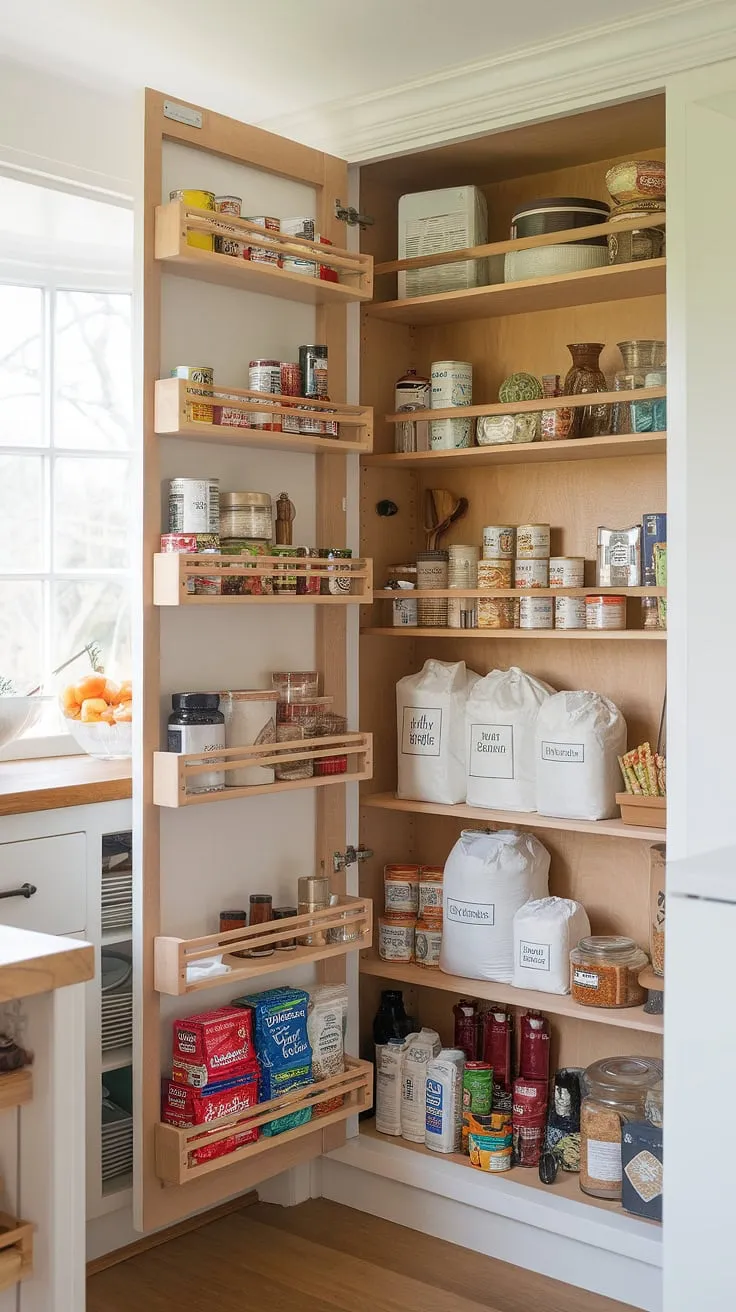 Sunlight streams into this charming kitchen pantry, highlighting the organized beauty of the larder cupboard.  Clever kitchen cabinet storage solutions and thoughtful pantry design create a space that's both functional and aesthetically pleasing, offering endless kitchen inspiration and showcasing current kitchen trends. This kitchen larder is the epitome of pantry ideas for efficient and stylish kitchen pantry design.