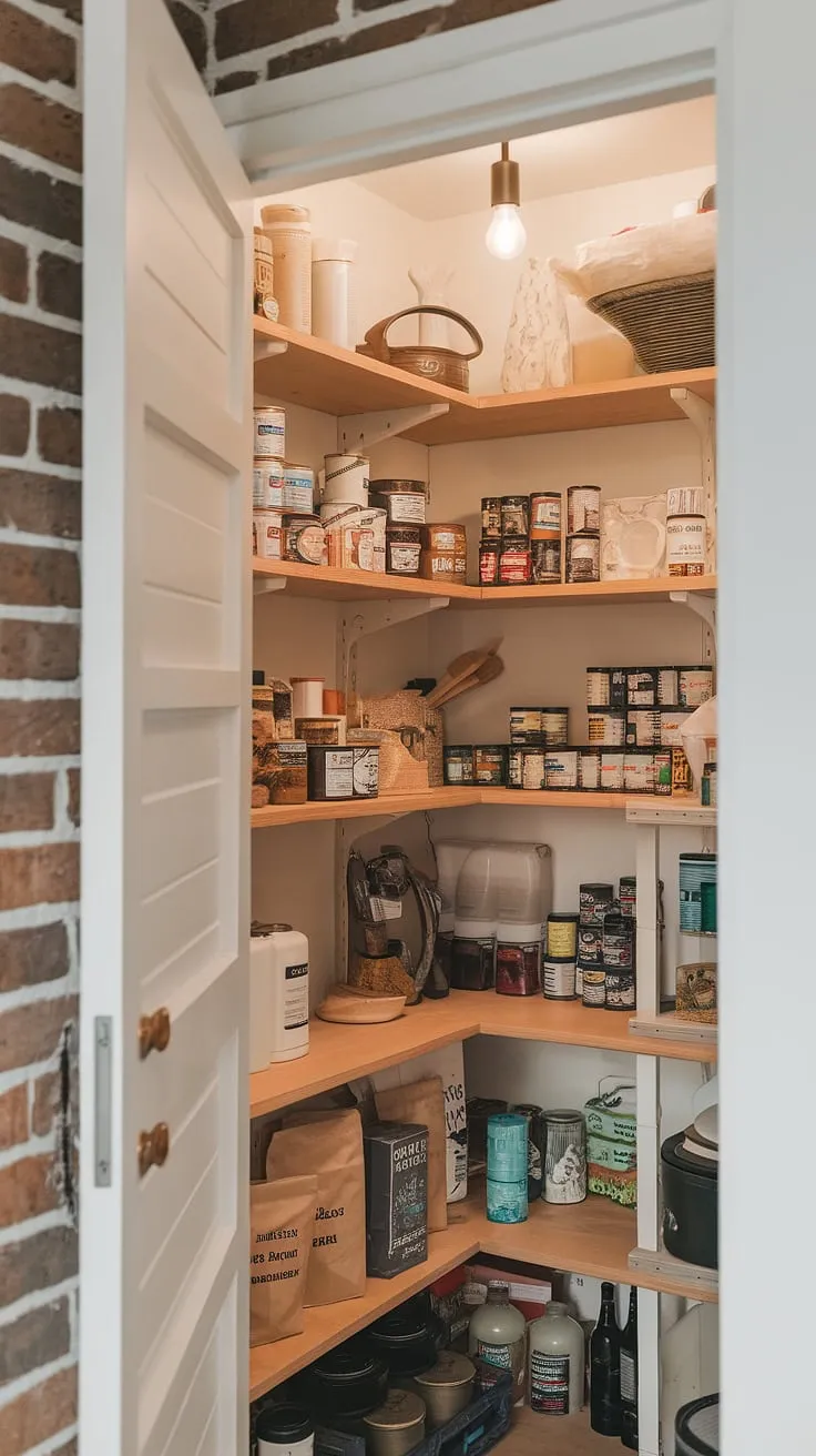 Warm lighting illuminates the organized charm of this kitchen pantry, a testament to clever kitchen pantry design.  The rustic wooden shelves and brick backdrop create a cozy atmosphere, offering ample kitchen cabinet storage and showcasing inspiring pantry ideas for your own kitchen larder. This larder cupboard is a perfect example of current kitchen trends, providing both functionality and aesthetic appeal for any kitchen inspiration project.