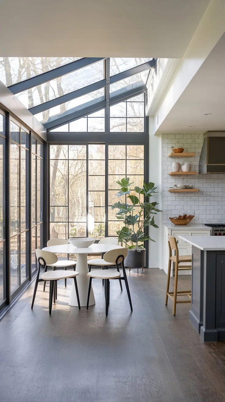 Sunroom dining perfection! This transitional kitchen sunroom boasts abundant natural light, a chic dining area, and inspiring sunroom dining room ideas.  The perfect blend of sunrooms and stylish living – definitely house goals.