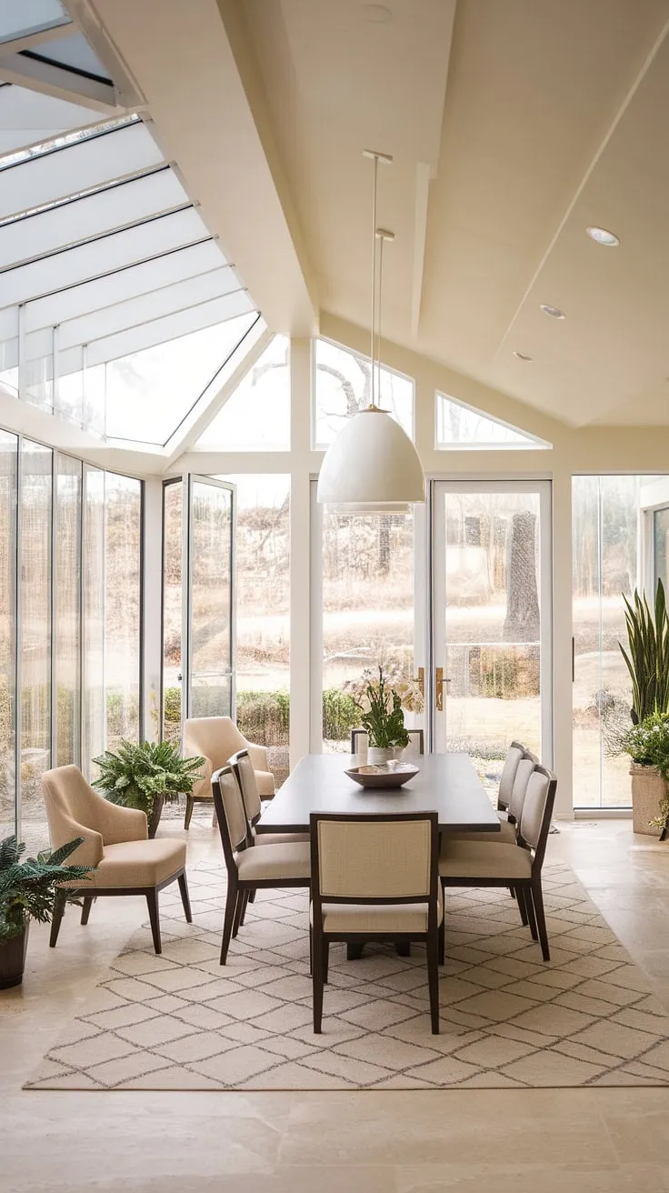 Sunlight streams into this tranquil sunroom dining room, a perfect blend of transitional decor and effortless elegance.  The expansive glass wall blurs the lines between indoors and out, making it the ideal space for sunroom dining.  Serious house goals for this kitchen sunroom design!  These sunroom dining room ideas are pure inspiration for sunroom designs and sunrooms everywhere.