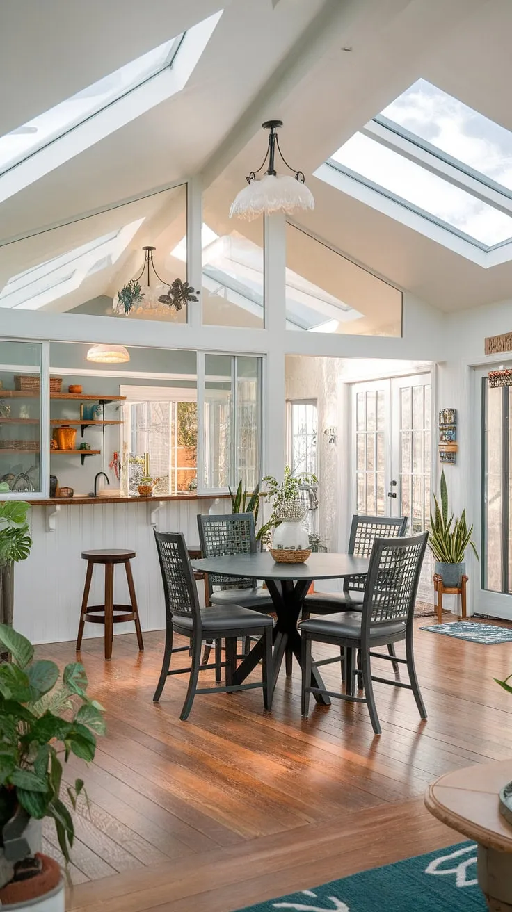 Sunlight streams into this dreamy kitchen sunroom, seamlessly blending transitional decor with the warmth of a sunroom dining room.  These sunroom dining room ideas are pure house goals, showcasing the perfect balance of modern and rustic charm in a space designed for both culinary creations and relaxed dining.  The sunroom designs are breathtaking, making this sunroom dining area a true heart of the home.