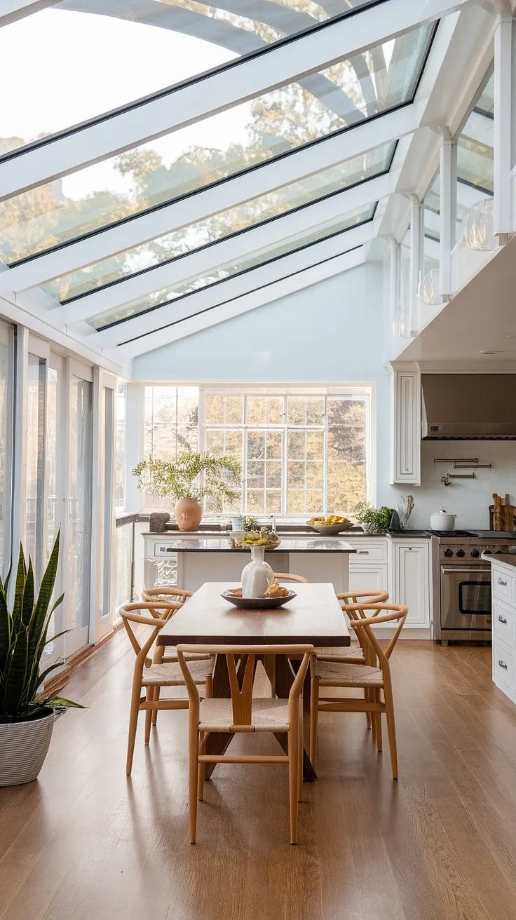 Imagine waking up to this view every morning!  This sunroom dining room is the epitome of sunroom designs, seamlessly merging kitchen and dining areas with a stunning glass ceiling.  The transitional decor and sunroom dining setup make it the ultimate sunroom, a space where relaxation and culinary creativity meet.  Serious house goals.