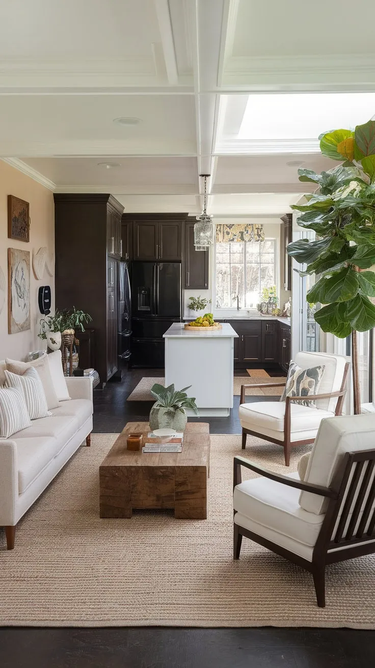 Where kitchen meets sunroom bliss.  This transitional space seamlessly blends dark brown cabinetry with a bright, airy sunroom, creating the perfect sunroom dining area.  House goals achieved with clever sunroom designs and sunroom dining room ideas that effortlessly flow.
