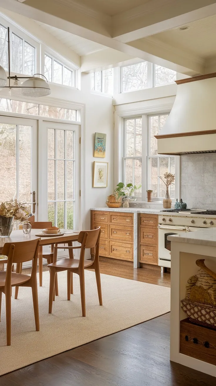 Sunlight streams into this dreamy kitchen sunroom, seamlessly blending transitional decor with the warmth of a sunroom dining area.  Perfect sunroom dining room ideas for achieving house goals.  These sunroom designs effortlessly connect indoor and outdoor living, creating the ultimate sunroom dining experience.