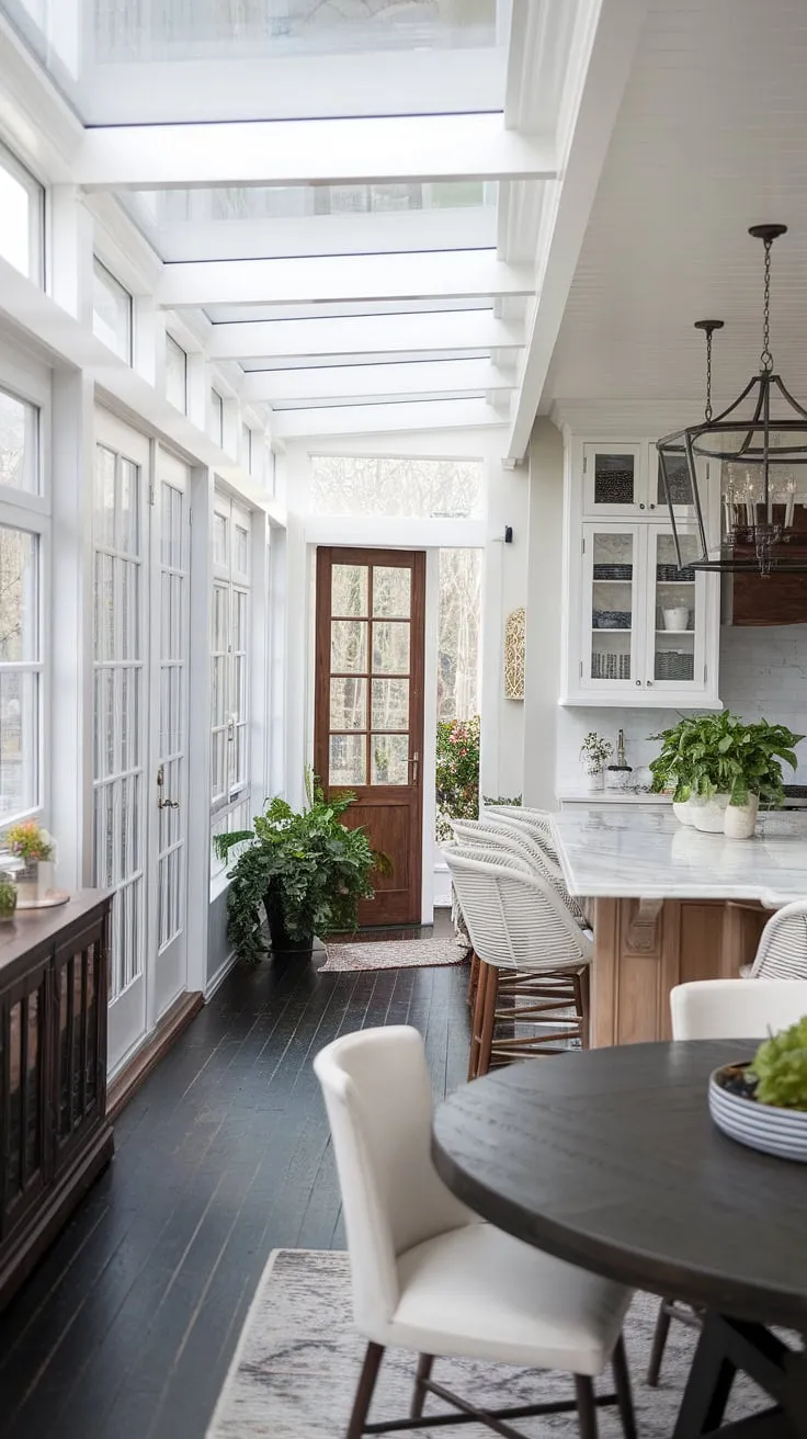 Sunlight streams into this dreamy kitchen sunroom, seamlessly blending transitional decor with the ultimate sunroom dining experience.  House goals achieved with these sunroom designs; the perfect space for sunroom dining room ideas, effortlessly merging kitchen and dining areas.